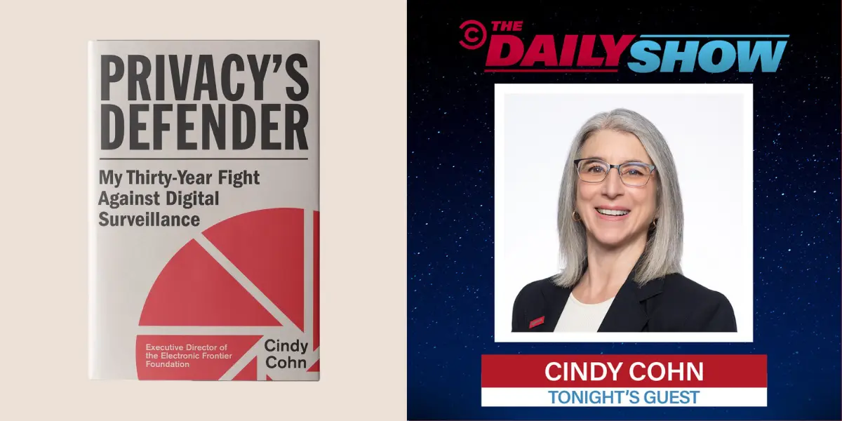 Preview image for EFF's Cindy Cohn on The Daily Show! Tonight Monday, March 30