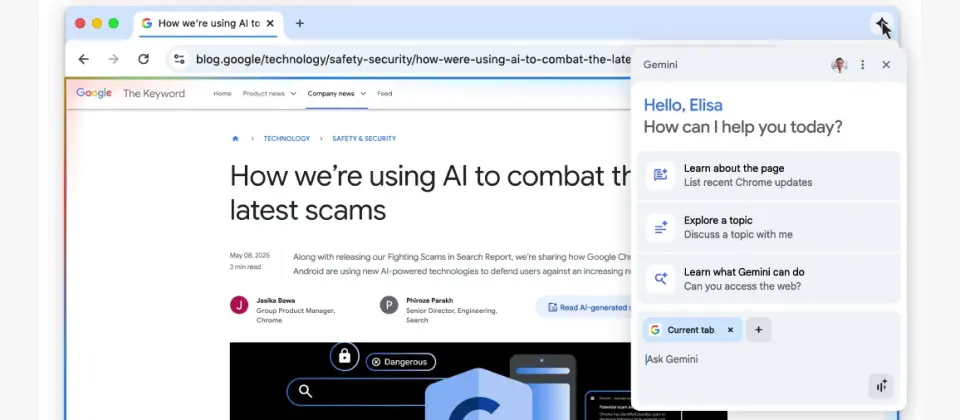 Preview image for Google將Gemini整合到美國版Chrome中 將加入代理人等能力