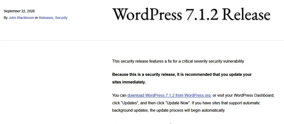 Preview image for WordPress發布7.1.2版，修補重大層級的路徑遍歷漏洞