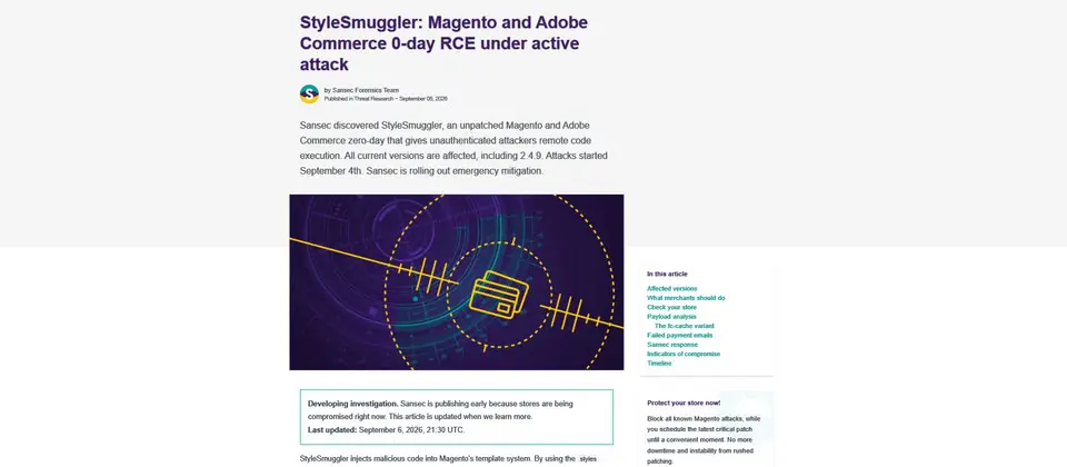 Preview image for 電商平臺Magento、Adobe Commerce遭零時差漏洞StyleSmuggler攻擊