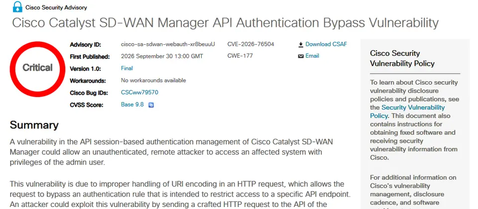 Preview image for 思科警告Catalyst SD-WAN Manager存在重大等級的身分驗證繞過漏洞