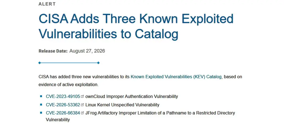 Preview image for CISA警告ownCloud、Linux核心、Artifactory漏洞遭到積極利用