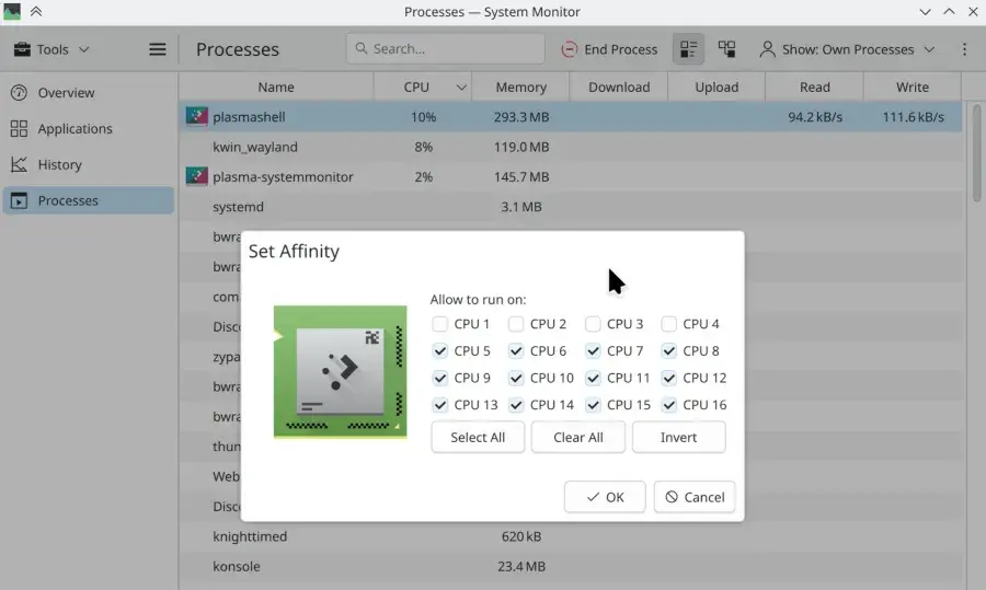 Preview image for KDE Plasma 6.8 System Monitor Making It Easier Assigning Processes To CPU Cores