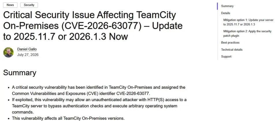 Preview image for JetBrains修補CI/CD平臺TeamCity重大漏洞