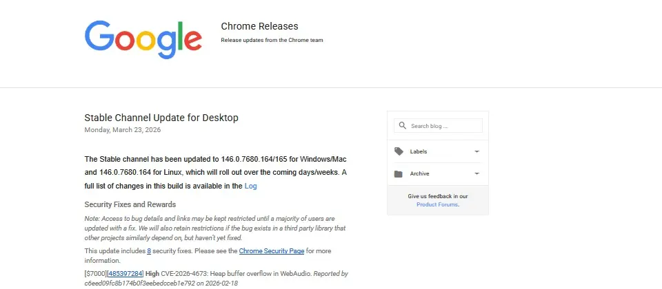 Preview image for Google發布Chrome瀏覽器更新，修補8個高風險漏洞