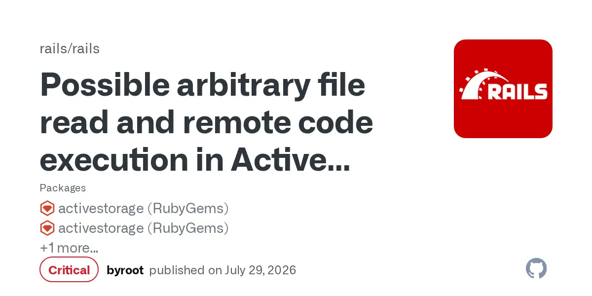 Preview image for Possible arbitrary file read and remote code execution in Active Storage variant processing