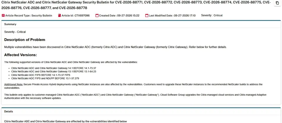 Preview image for Citrix修補NetScaler一系列資安漏洞，其中包含兩個已遭利用的重大漏洞