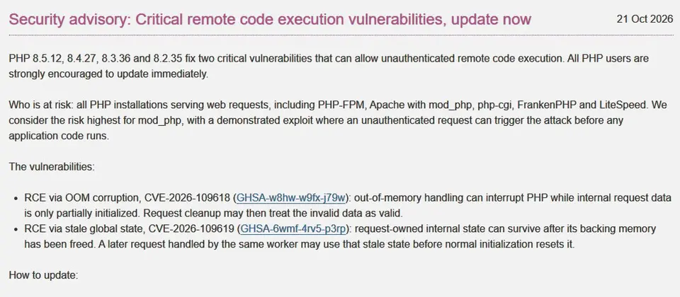 Preview image for PHP發布緊急安全更新，修補震驚全球的重大漏洞PHP2Shell