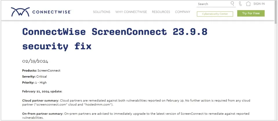 Preview image for 本周才公開的ConnectWise重大漏洞已遭駭客利用