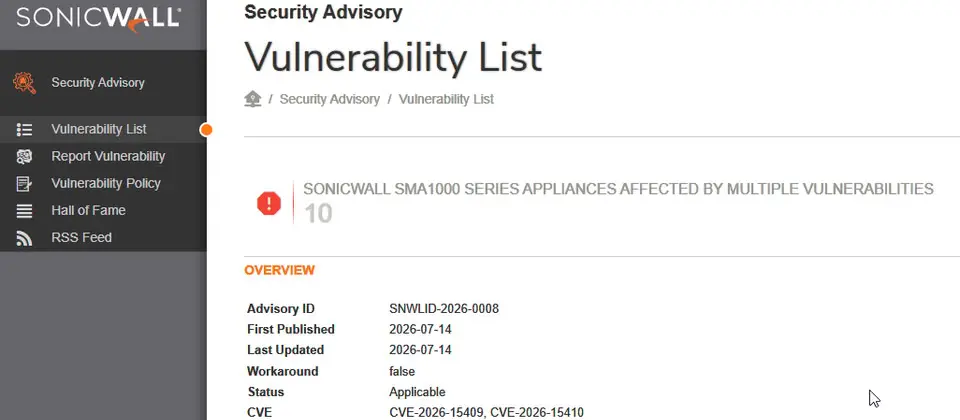 Preview image for SonicWall修補防火牆已遭利用的滿分漏洞